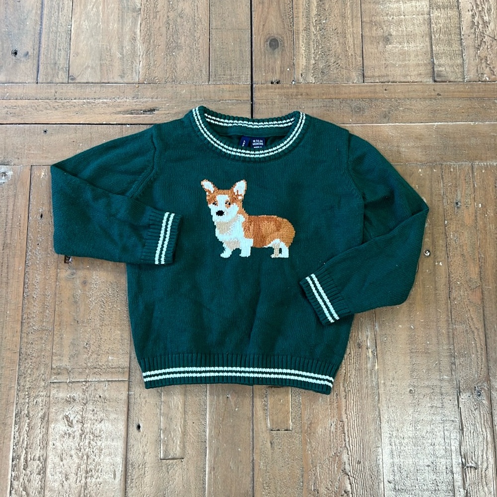 Janie and Jack Green Sweater with Corgi Design